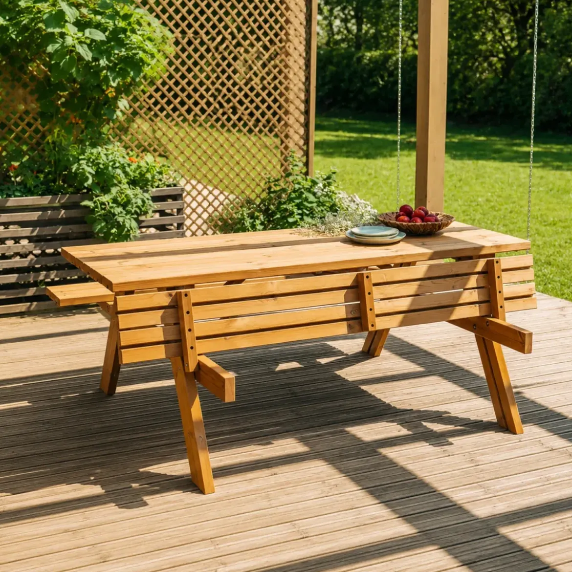 Tavolo Picnic in Legno Termotrattato Panche Richiudibili 177x153x76cm