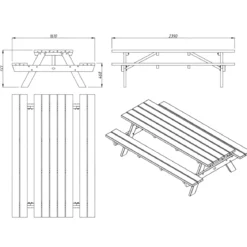 Tavolo Picnic in Legno 239x161x72 con 2 Panche Integrate da Esterno