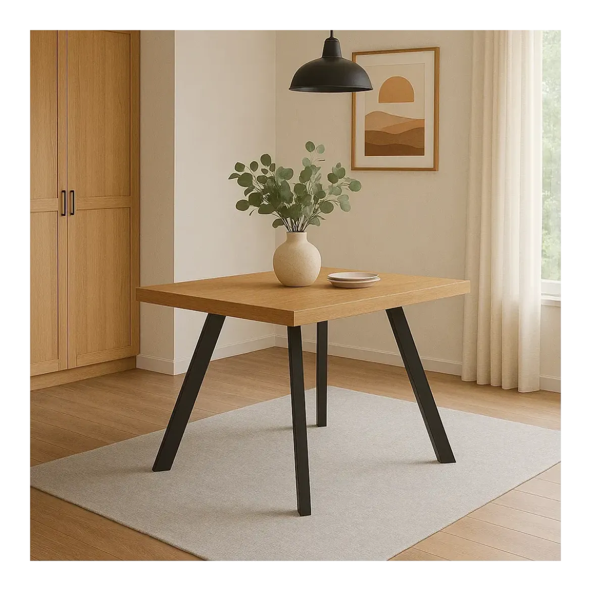 Tavolo Quadrato 80x80 cm da Pranzo Piano Legno Chiaro Struttura Nera