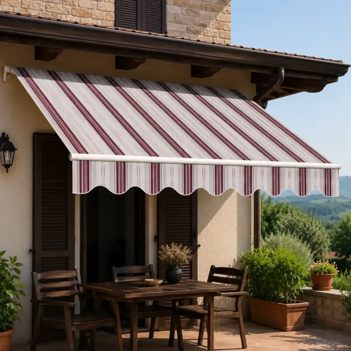 Tenda da Sole 4x3 m Rigata Bordeaux a Barra Quadra con Bracci a Catena