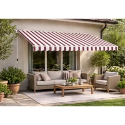 Tenda da Sole 400x250 Rigata Bordeaux Crema Barra Quadra Avvolgibile