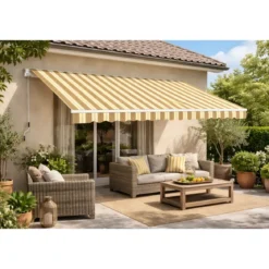 Tenda da Sole 400x300 Rigato Beige a Barra Quadra Avvolgibile Esterno