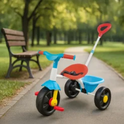 Triciclo Bambini Blu Rosso Giallo in Metallo Cestino Ribalta Cintura