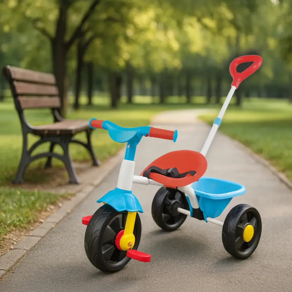 Triciclo Bambini Blu Rosso Giallo in Metallo Cestino Ribalta Cintura