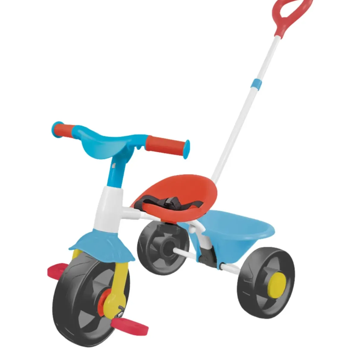 Triciclo Bambini Blu Rosso Giallo in Metallo Cestino Ribalta Cintura