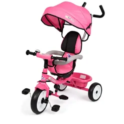 Triciclo Bambini Rosa Sedile Girevole Parasole Maniglione Genitore 2+