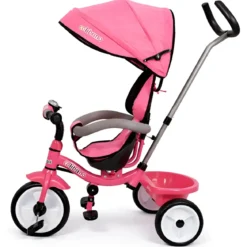 Triciclo Bambini Rosa Sedile Girevole Parasole Maniglione Genitore 2+