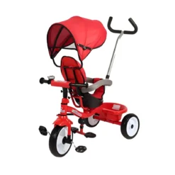 Triciclo per Bambini Rosso con Seggiolino 360° Cappottina e Manubrio