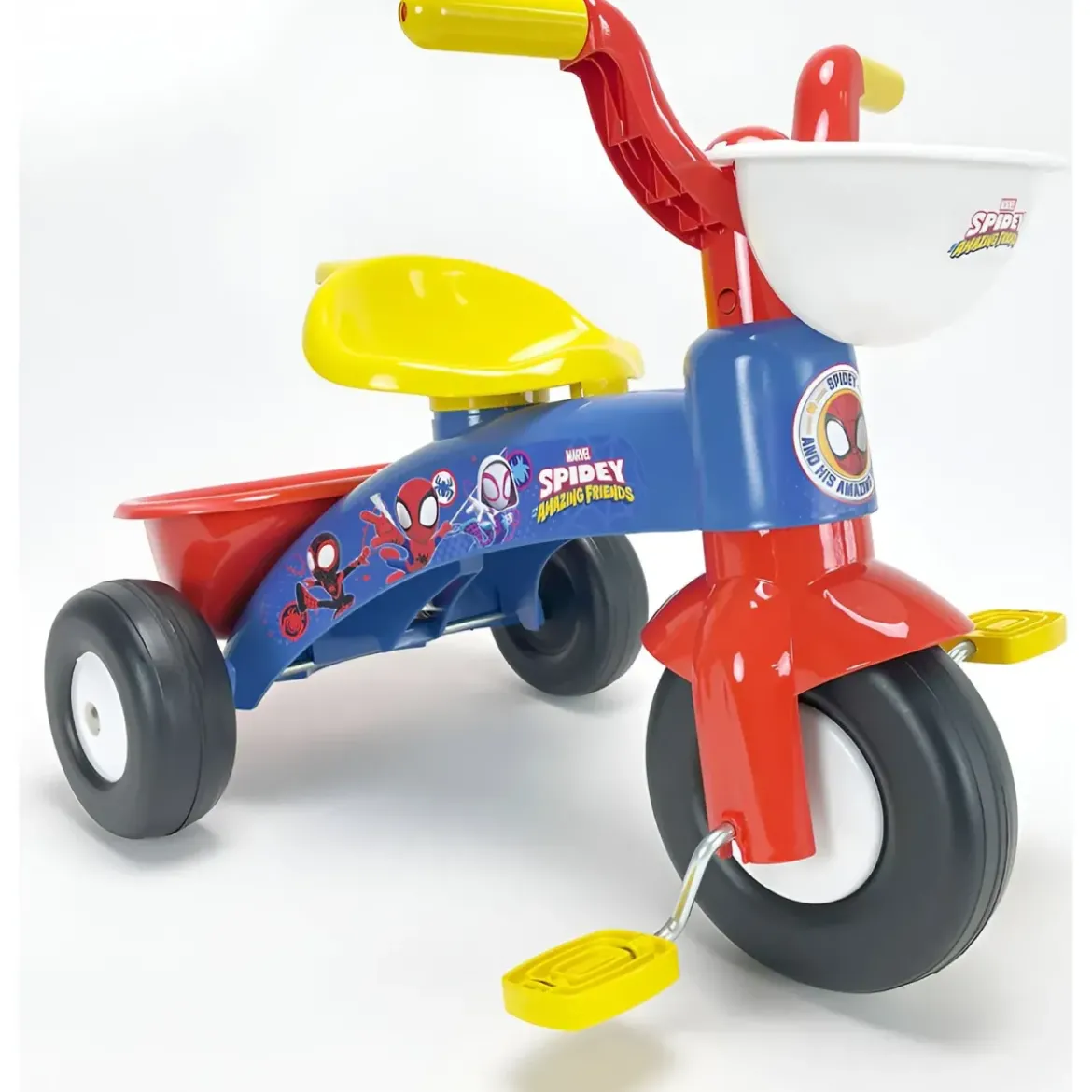 Triciclo Primi Passi per Bambini Spiderman Marvel 3 Ruote 2 Cestini