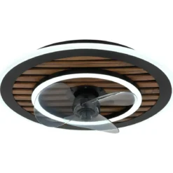 Ventilatore da Soffitto Luce LED 36W Moderno Anello Nero Effetto Legno