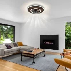 Ventilatore da Soffitto Luce LED 36W Moderno Anello Nero Effetto Legno