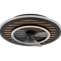 Ventilatore da Soffitto Luce LED 36W Moderno Anello Nero Effetto Legno