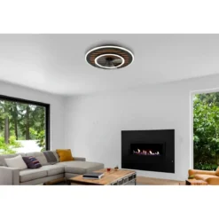 Ventilatore da Soffitto Luce LED 36W Moderno Anello Nero Effetto Legno