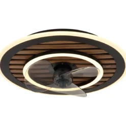 Ventilatore da Soffitto Luce LED 36W Moderno Anello Nero Effetto Legno
