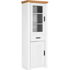 Vetrina Colonna da Soggiorno con 2 Ante Cassetto Legno Bianco Rovere