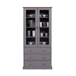 Vetrina Credenza Grigia Alta Mobile 2 Ante con Cassetti da Cucina Legno