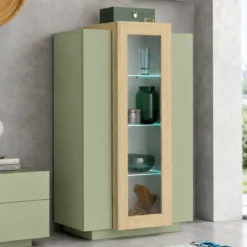 Vetrina Mobile 3 Ante Verde Salvia Rovere Moderna 5 Ripiani Soggiorno