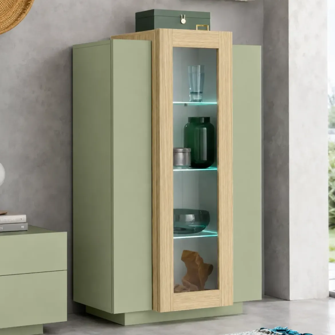 Vetrina Mobile 3 Ante Verde Salvia Rovere Moderna 5 Ripiani Soggiorno