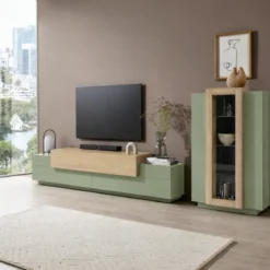 Vetrina Mobile 3 Ante Verde Salvia Rovere Moderna 5 Ripiani Soggiorno
