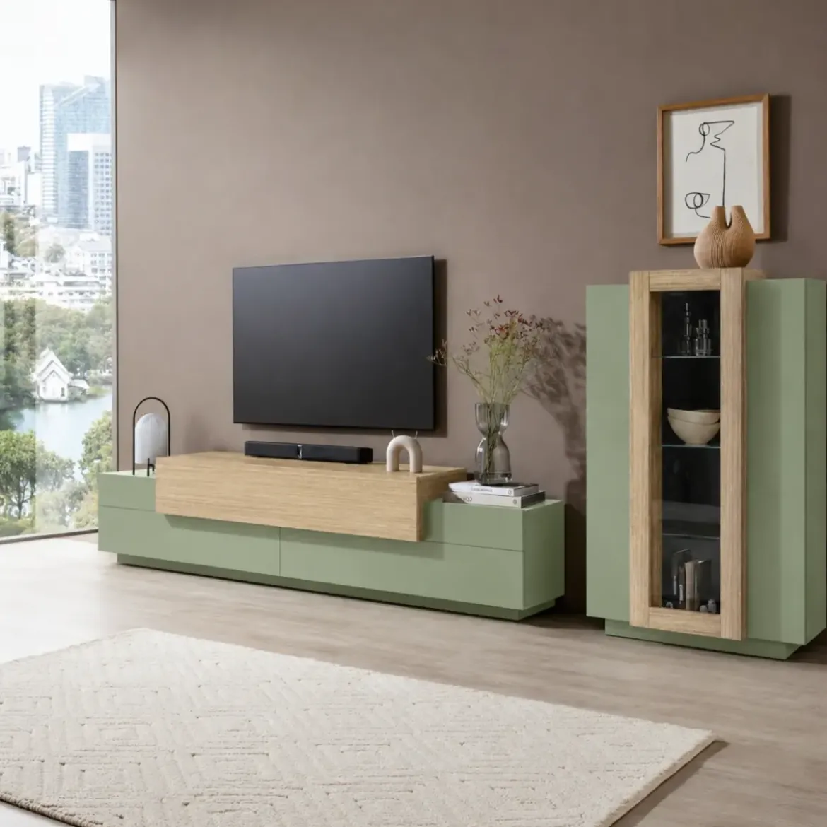 Vetrina Mobile 3 Ante Verde Salvia Rovere Moderna 5 Ripiani Soggiorno