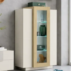 Vetrina Mobile da Soggiorno 3 Ante Beige Rovere Vetro Moderna 5 Ripiani