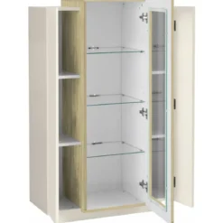 Vetrina Mobile da Soggiorno 3 Ante Beige Rovere Vetro Moderna 5 Ripiani