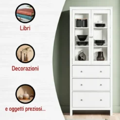 Vetrina Soggiorno Credenza Bianco 3 Cassetti 2 Ante in Legno MDF
